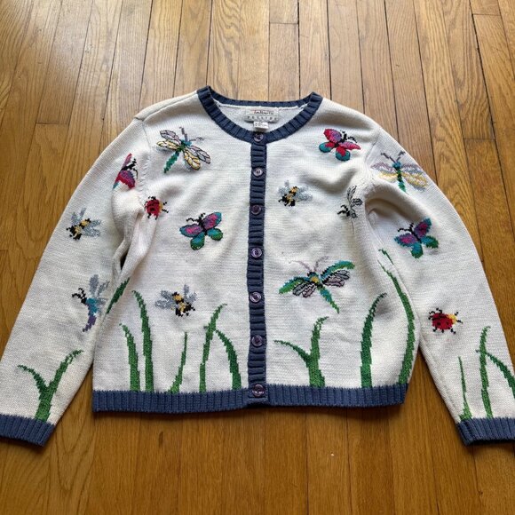 Vintage Talbots Size PS White Cotton Silk Blend Butterfly Ladybug Knit Cardigan - Picture 3 of 16